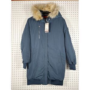 Zara Long Parka Coat Blue Graphic Peace Faux Fur Hood Lined size XS NEW